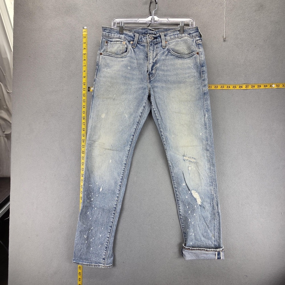 Levis 502 Jeans Mens Blue Selvedge Light Wash Thrashed Paint Splatter Fits 31x32